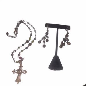 Copper Look Rhinestone Cross Necklace & Earrings